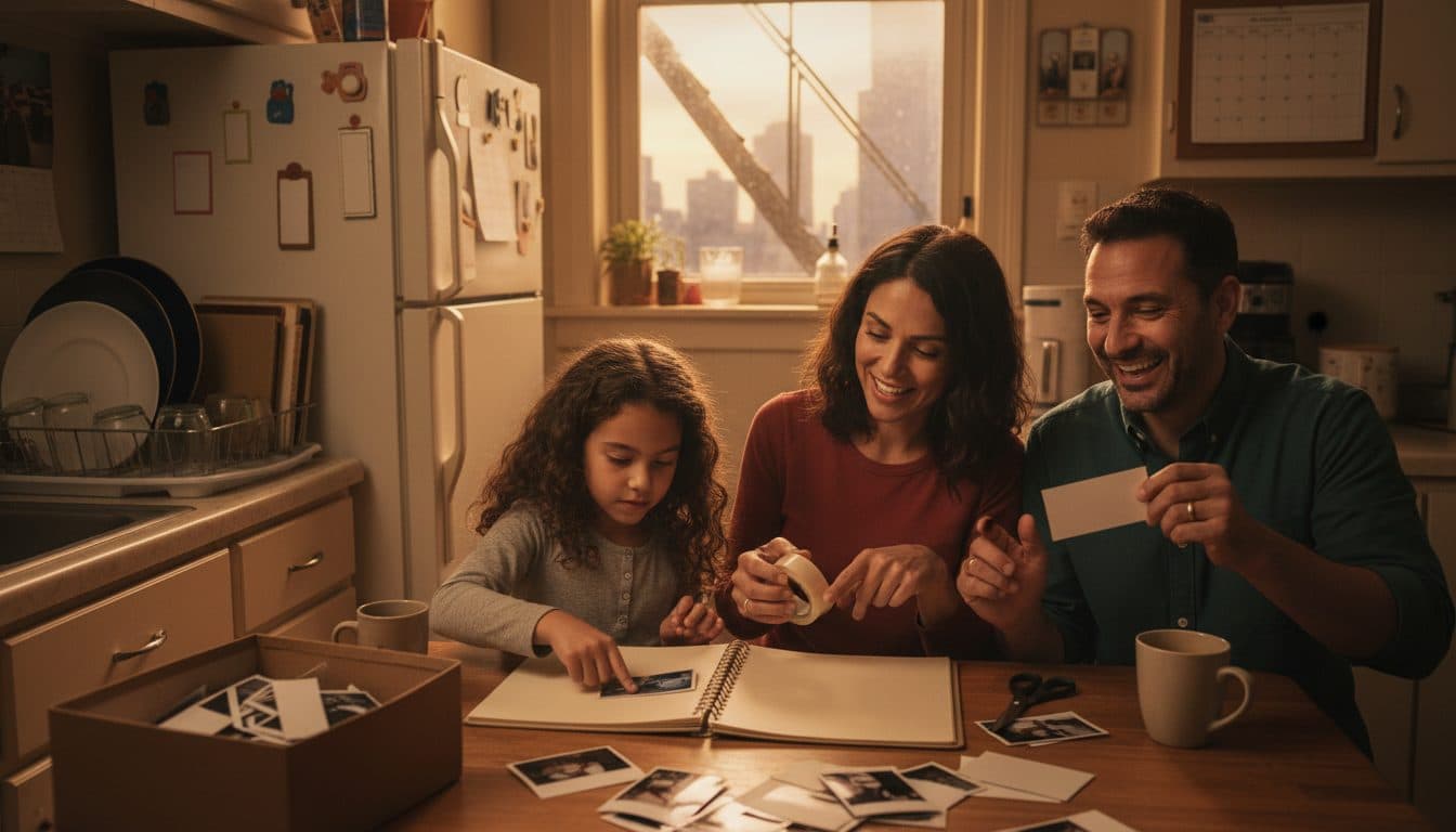 Pareja y su hija pegando fotos impresas en un álbum de páginas en blanco sobre la mesa de la cocina
