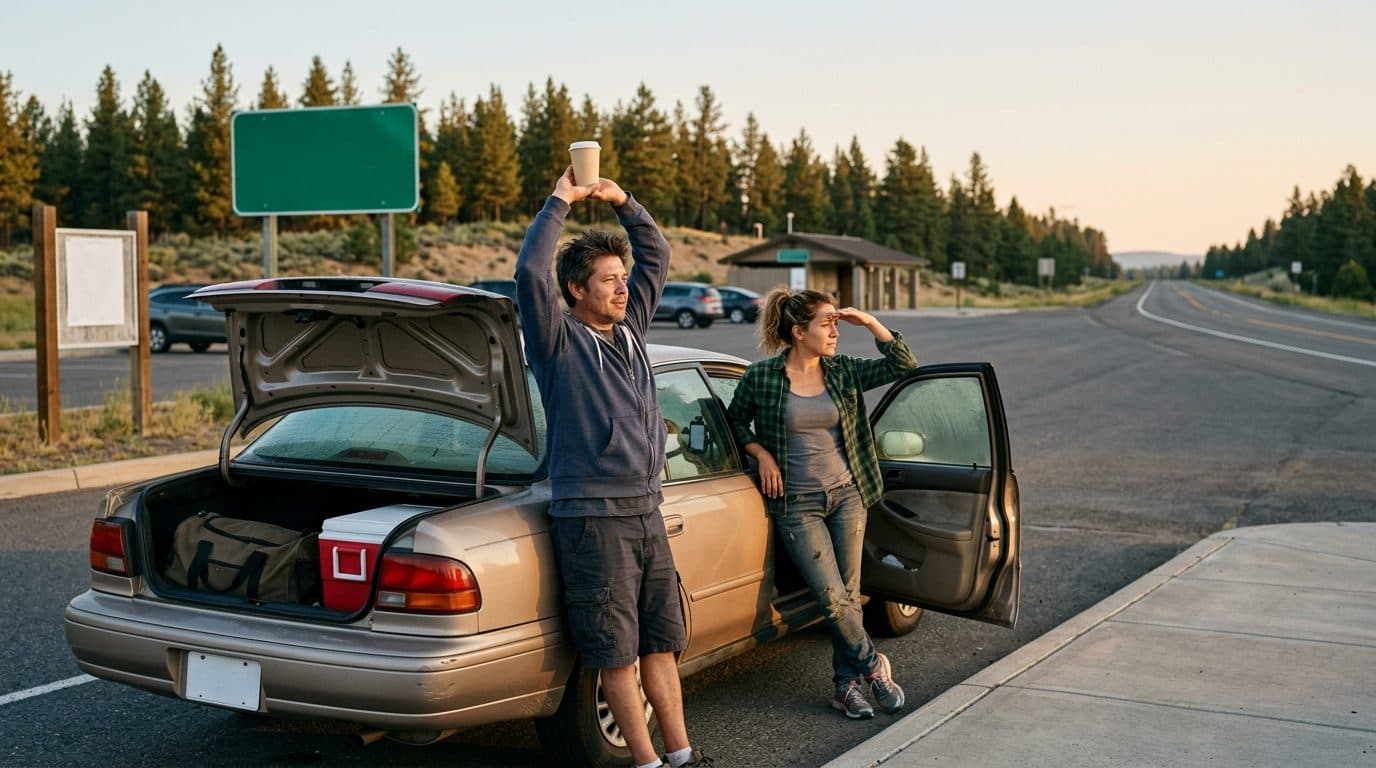 Pareja junto a un auto con el maletero abierto en una parada de carretera al amanecer, uno estirándose con un café en la mano y el otro mirando el camino
