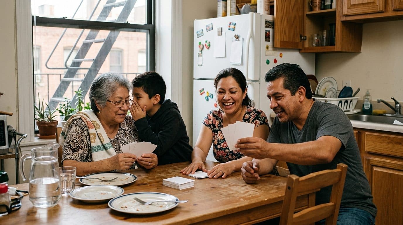 Tres generaciones de una familia latina jugando cartas alrededor de la mesa de la cocina en un departamento en Estados Unidos