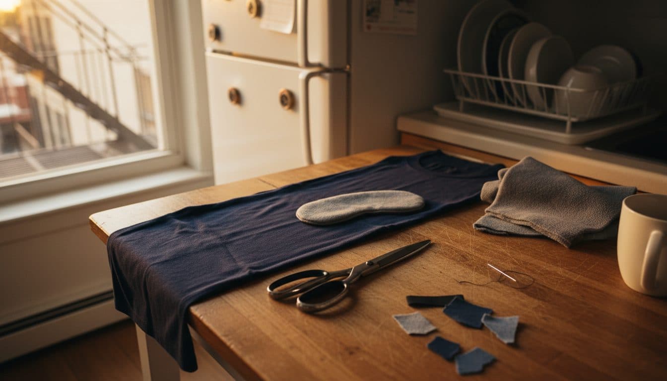 Sobre una mesa de cocina, los materiales para hacer una venda para los ojos: una camiseta de algodón azul marino doblada en tira, tijeras de tela, un carrete de elástico negro y una aguja enhebrada.