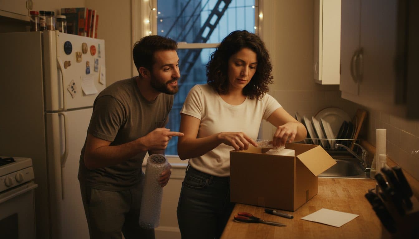 Pareja empacando un regalo envuelto dentro de una caja de cartón sobre la barra de una cocina, con cinta, tijeras y plástico de burbujas