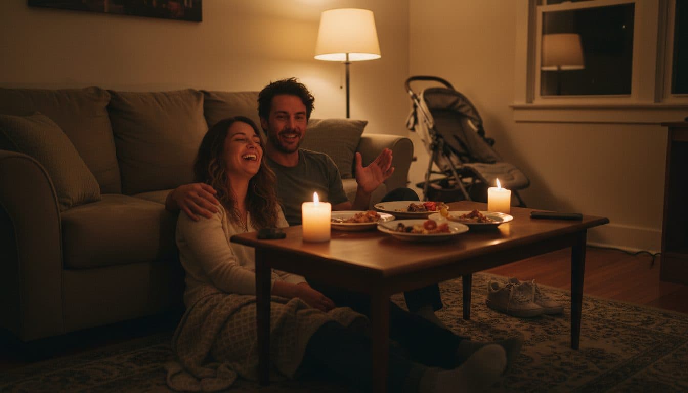 Pareja latina sentada en el suelo del living de un departamento en Estados Unidos, cenando a la luz de dos velas con el teléfono boca abajo