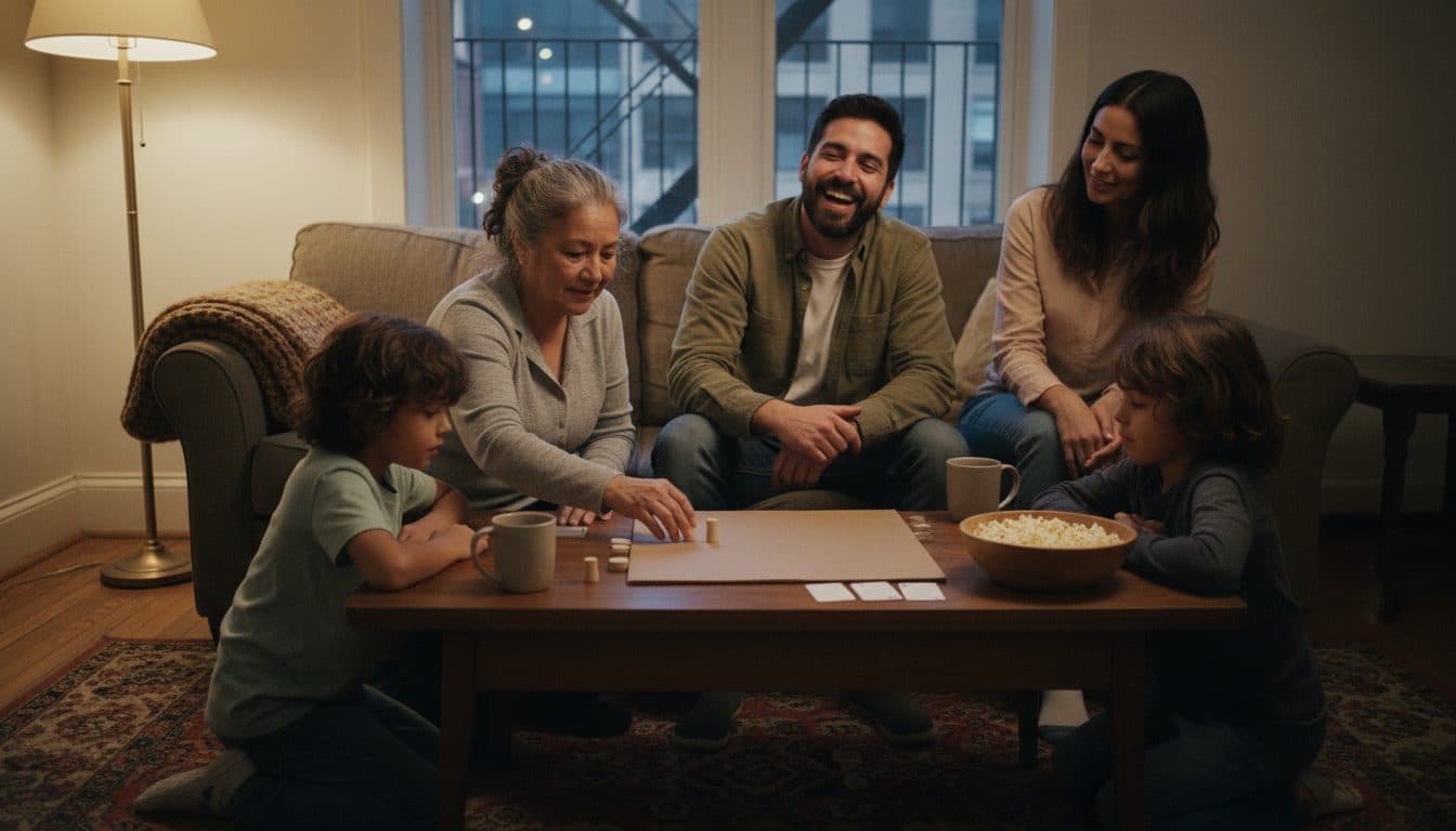 Tres generaciones de una familia latina jugando un juego de mesa alrededor de una mesa de centro en la sala de un departamento, la abuela moviendo una ficha y dos niños arrodillados en la alfombra
