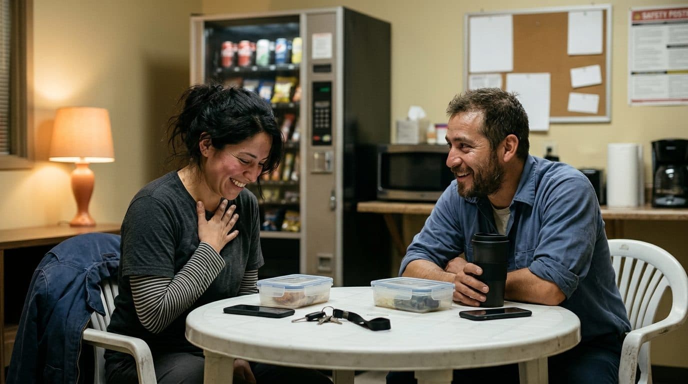 Dos compañeros de trabajo latinos conversan y se ríen en la sala de descanso durante una pausa, con café y celulares boca abajo