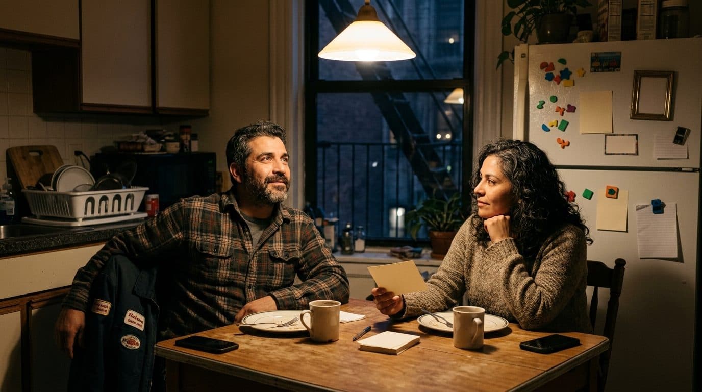 Pareja latina de varios años juntos sentada a la mesa de la cocina después de cenar; ella sostiene una tarjeta y lo mira mientras él piensa su respuesta