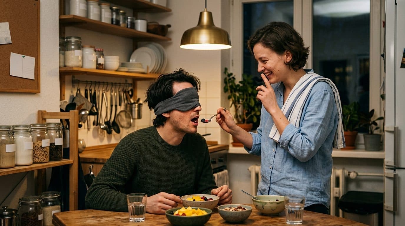 Persona con los ojos vendados sentada a la mesa de la cocina mientras su pareja le acerca una cuchara, los dos riéndose, de noche