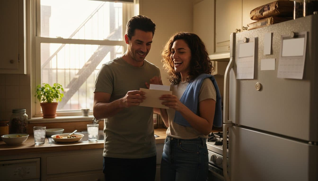 Pareja latina en un apartamento en Estados Unidos entregándose un sobre discreto en su aniversario, cocina cotidiana al fondo