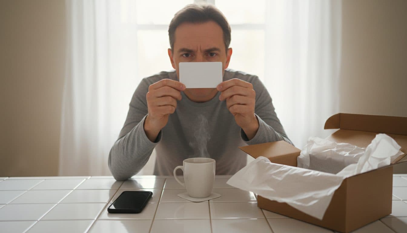 Persona de pie en la cocina leyendo de cerca una tarjeta de vale de regalo, con una caja de envío abierta y una taza de café sobre el mesón