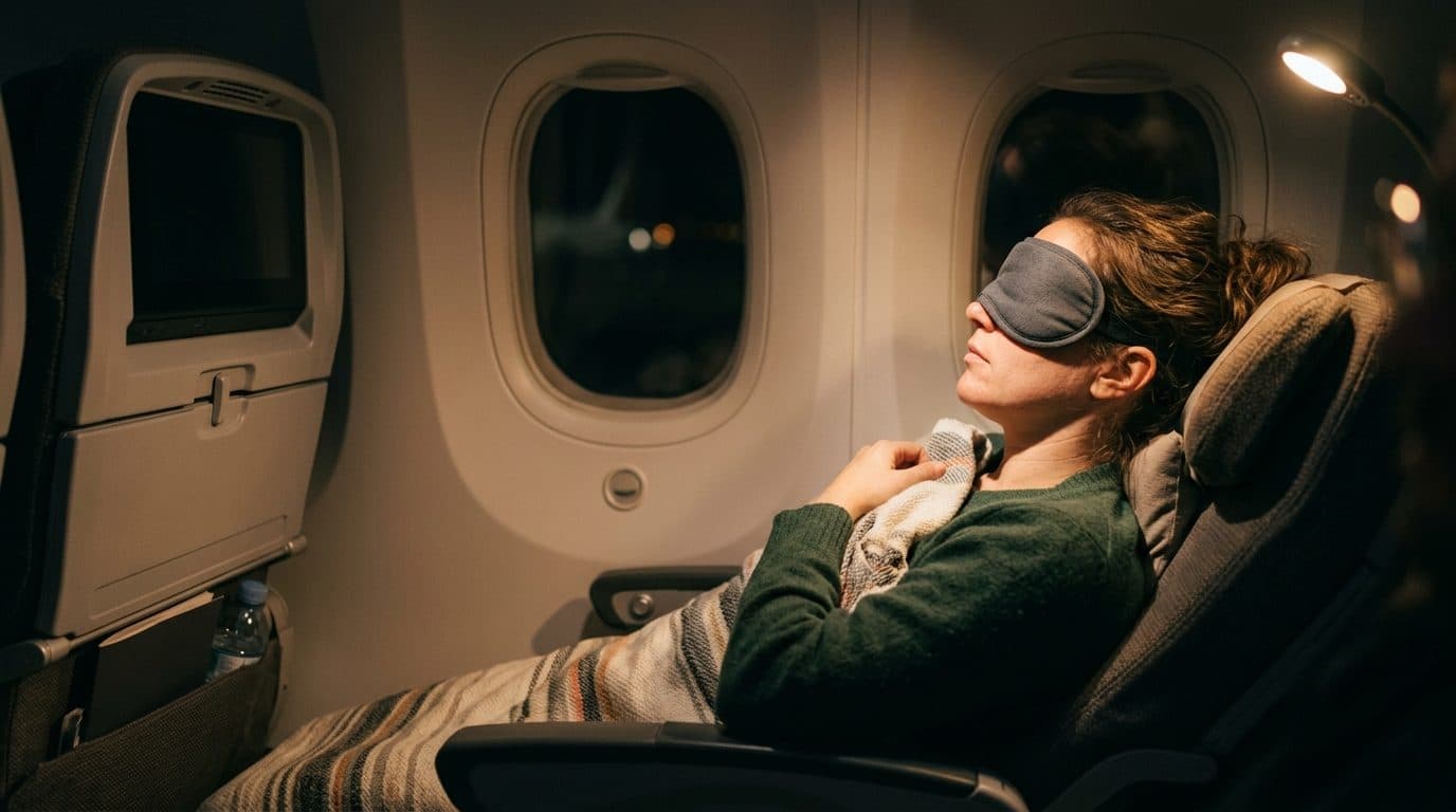 Persona durmiendo con un antifaz oscuro junto a la ventanilla de un avión durante un vuelo nocturno, con una manta sobre las piernas