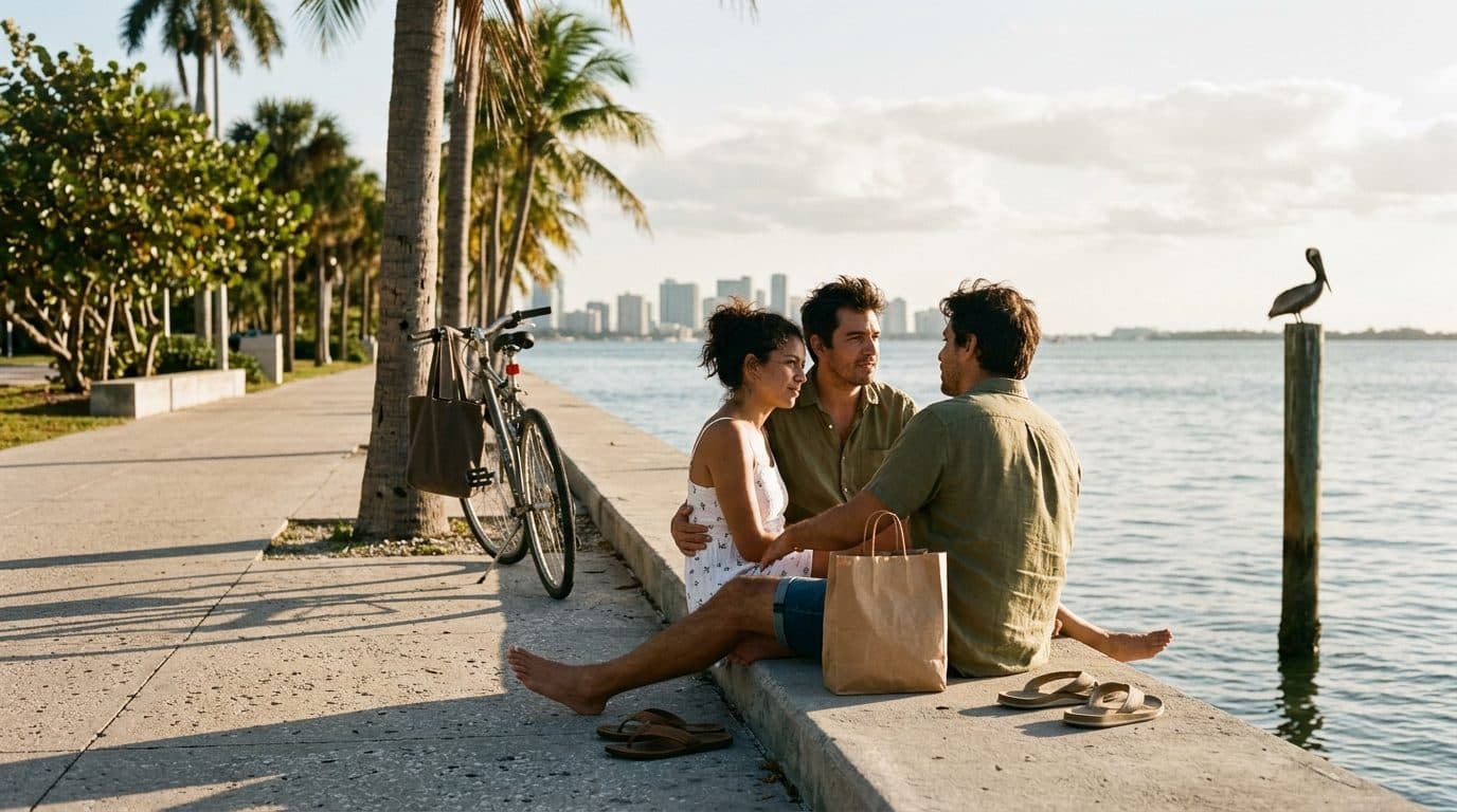 Pareja sentada frente a la bahía en el sur de la Florida en una tarde de diciembre