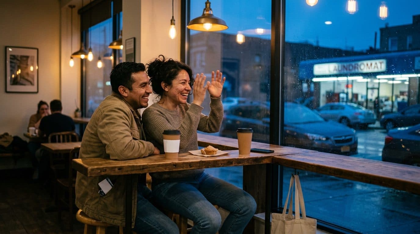 Dos personas de unos treinta años conversan en la barra de un café pequeño en una ciudad de Estados Unidos, una habla con las manos y la otra escucha con el teléfono boca abajo
