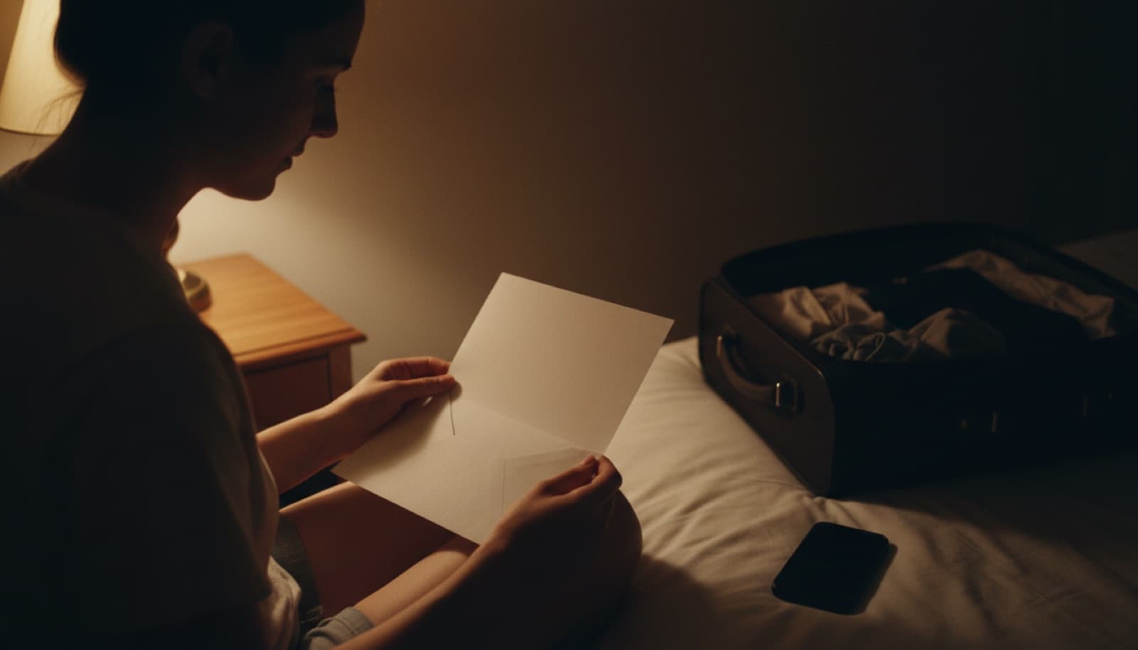 Persona sentada en el borde de la cama de noche, sosteniendo una carta escrita a mano recién sacada de un sobre con estampillas extranjeras