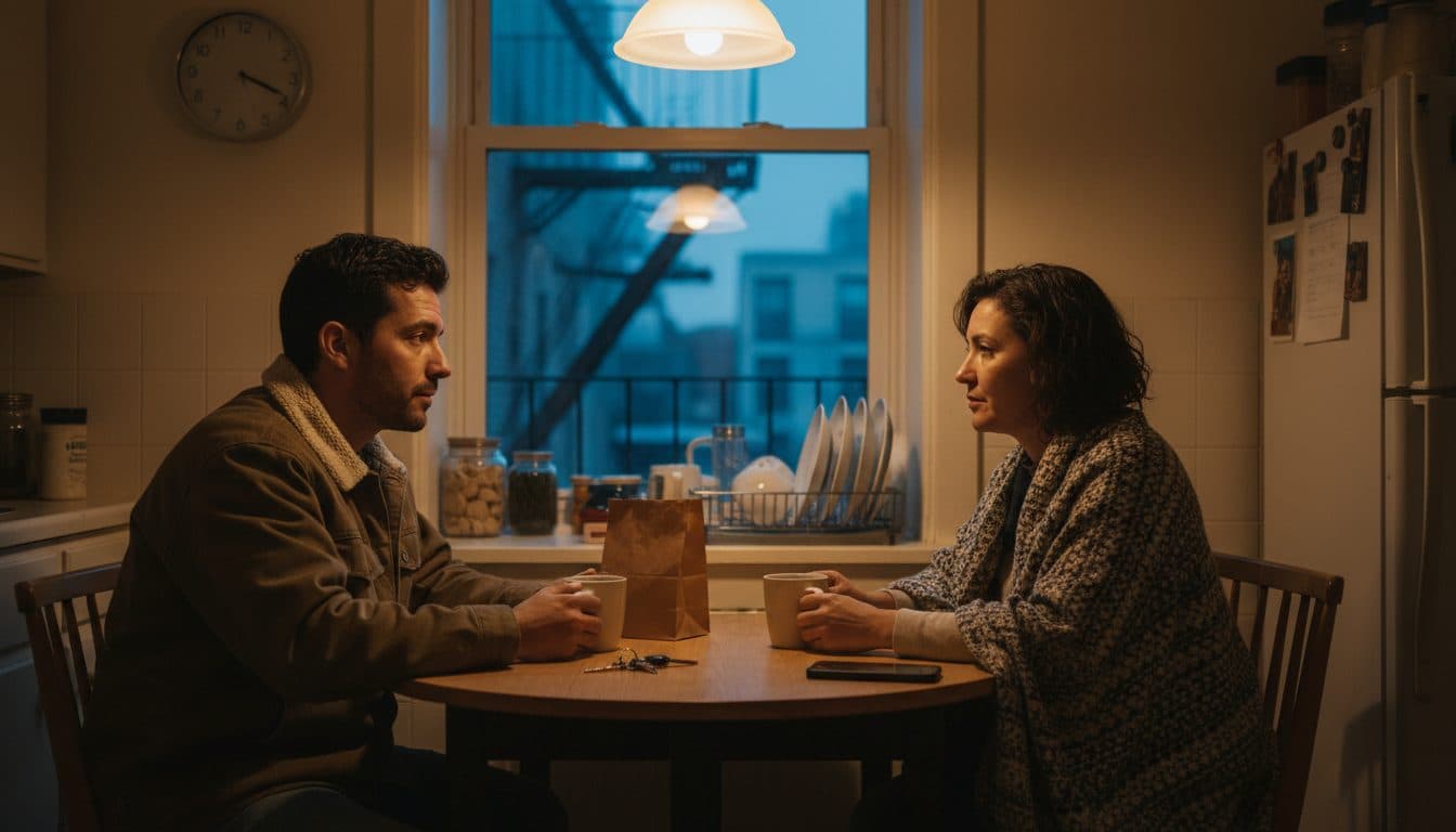 Pareja conversando con dos tazas de café en la cocina antes del amanecer, uno ya con la chaqueta de trabajo puesta y los celulares boca abajo sobre la mesa