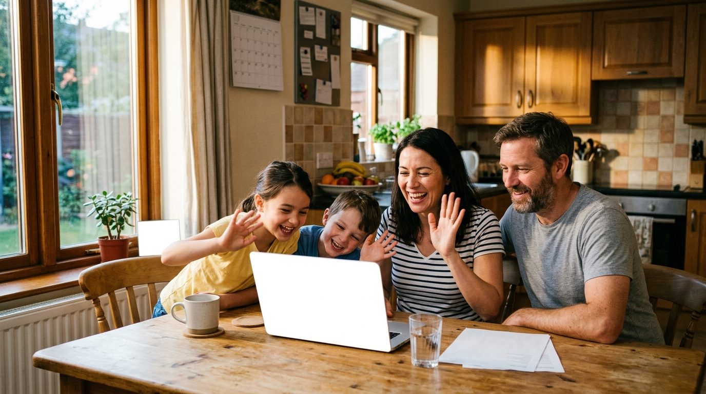 Familia de cuatro construyendo una carpa con mantas y sillas en el living de la casa, los padres sosteniendo una sábana mientras los niños se meten debajo