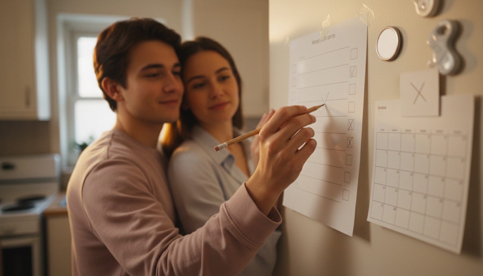 Pareja marcando con lápiz una casilla en una lista pegada en la pared de la cocina, con varias casillas ya tachadas