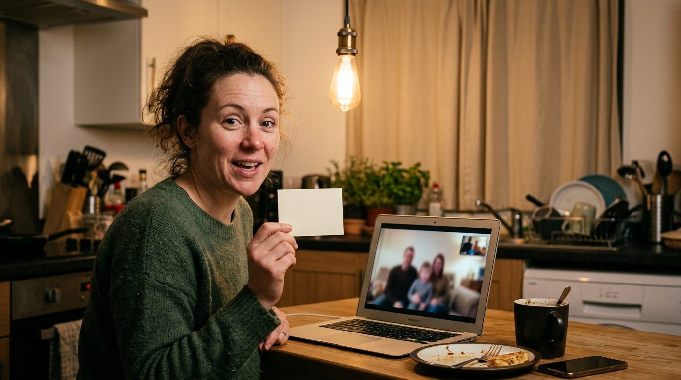Mujer sentada en la mesa de su cocina de noche, hablando por videollamada con una carta en la mano mientras al otro lado de la pantalla escucha su familia