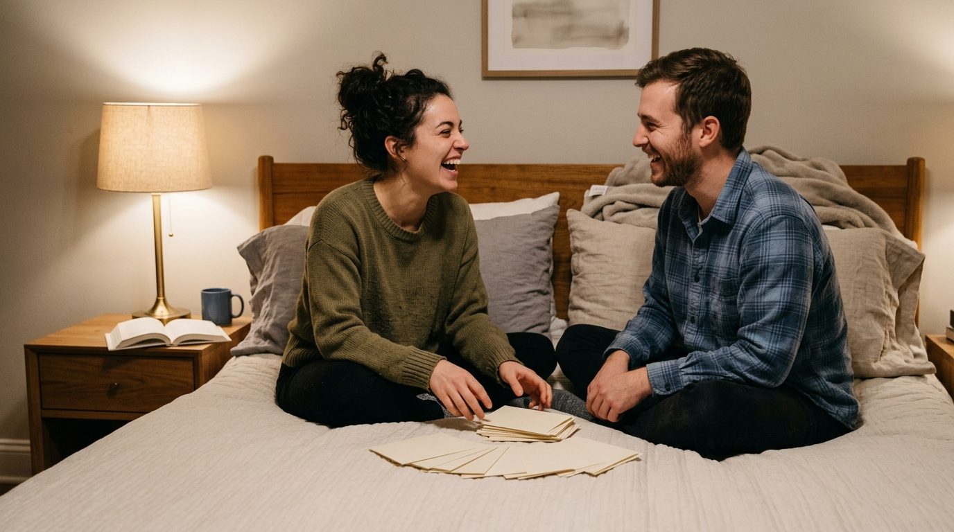 Pareja sentada en el suelo a ambos lados de una mesa baja jugando a las cartas de noche, uno bajando una carta con gesto de triunfo y el otro protestando entre risas