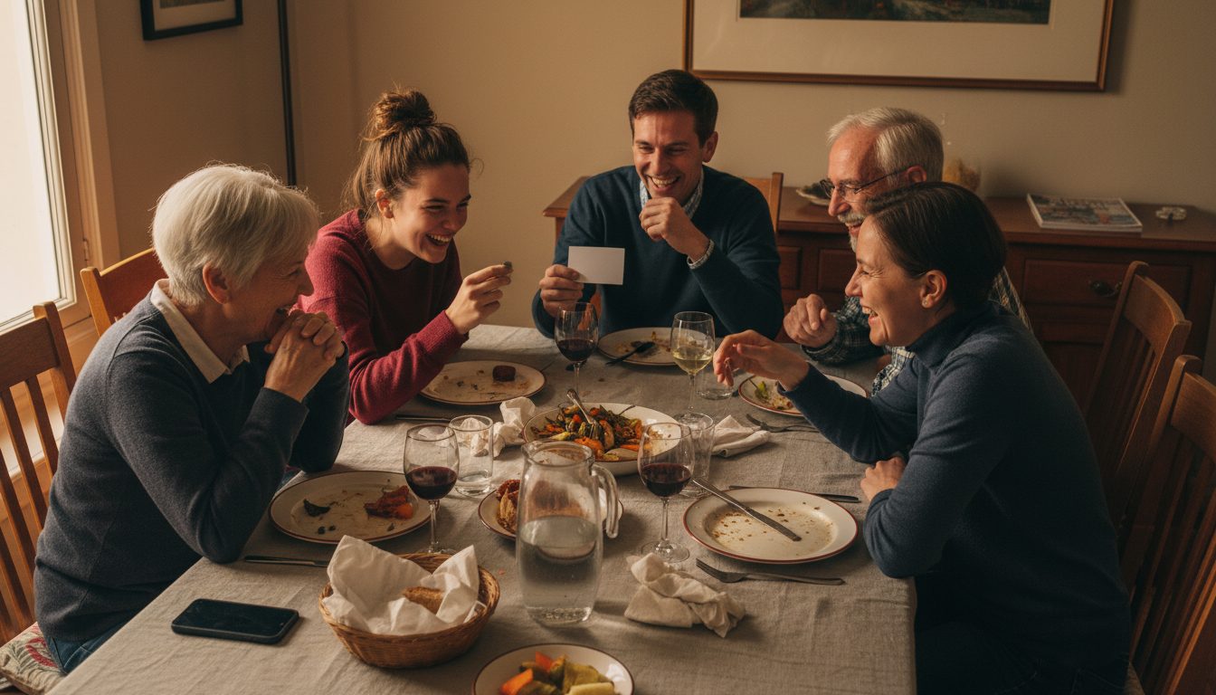 Tres generaciones de una familia alrededor de la mesa después del almuerzo, uno de los adolescentes leyendo una carta en voz alta mientras los demás se ríen