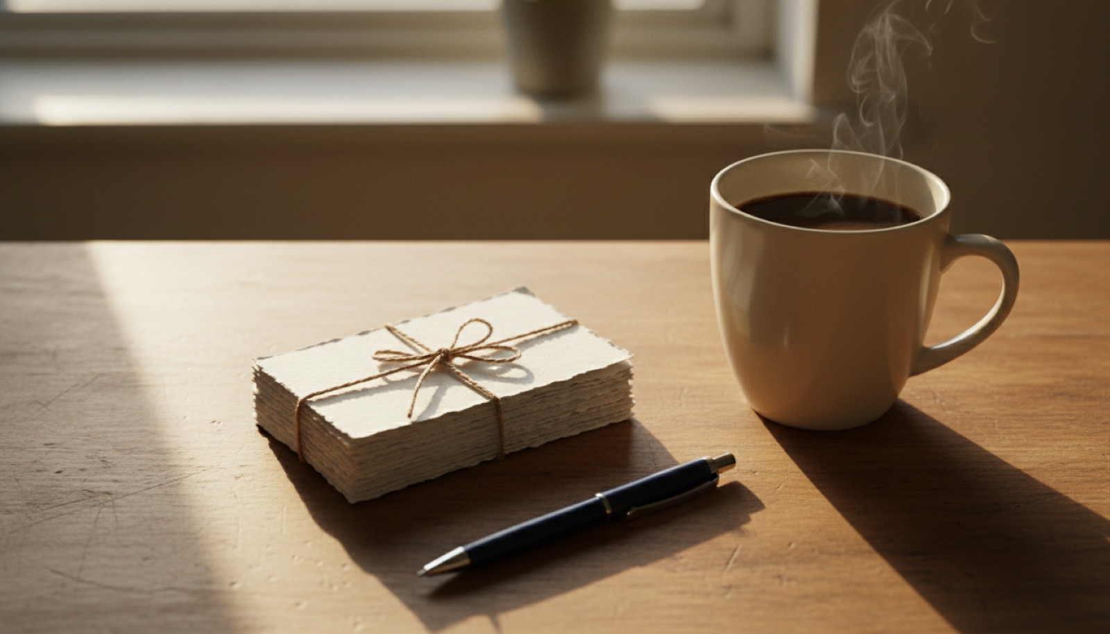 Manos escribiendo un vale de regalo hecho a mano sobre la mesa de la cocina, con una taza de café al lado y luz de mañana entrando por la ventana