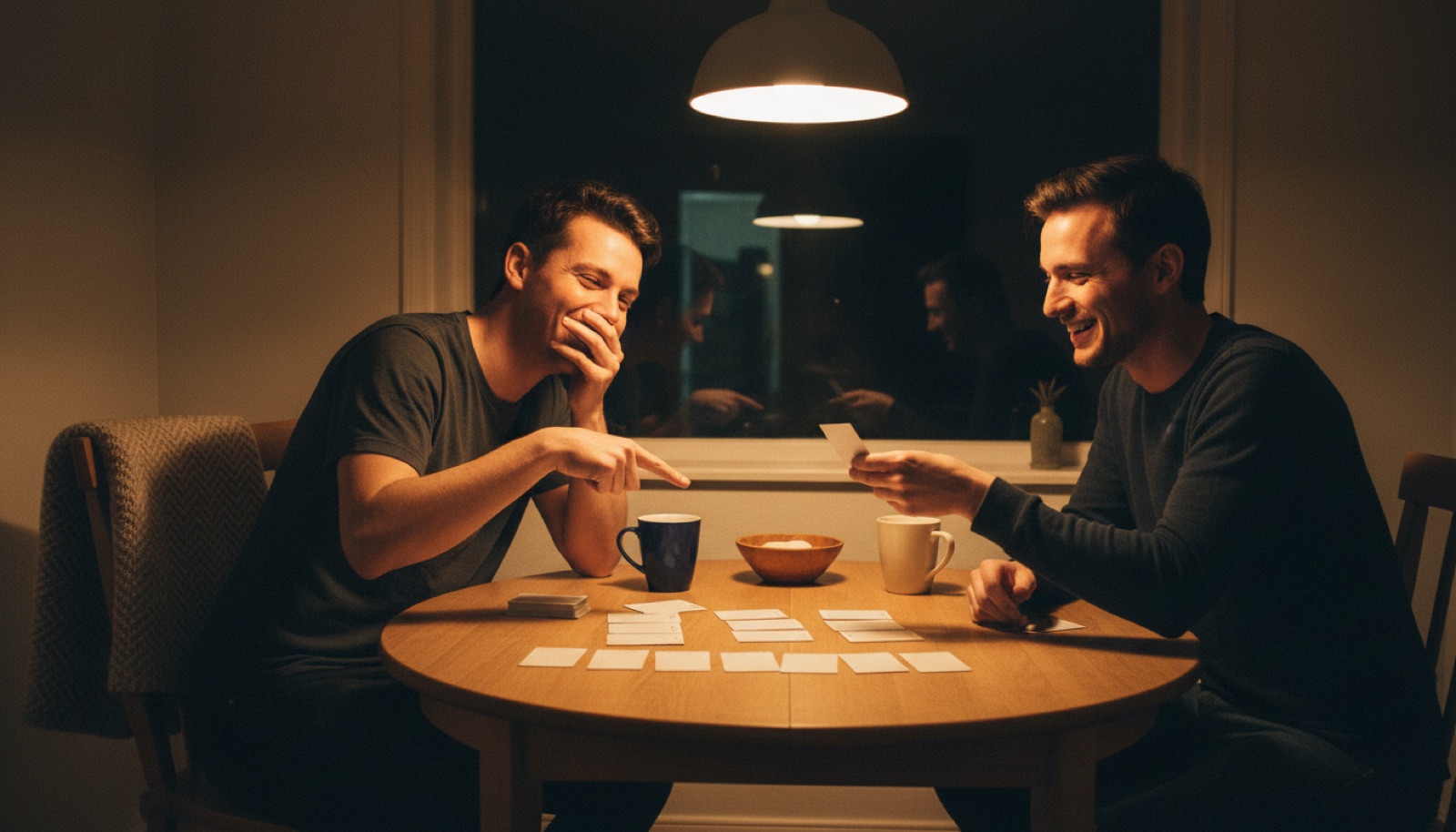 Pareja jugando cartas en la mesa del comedor una noche cualquiera, uno de los dos riéndose de la carta que acaba de salir