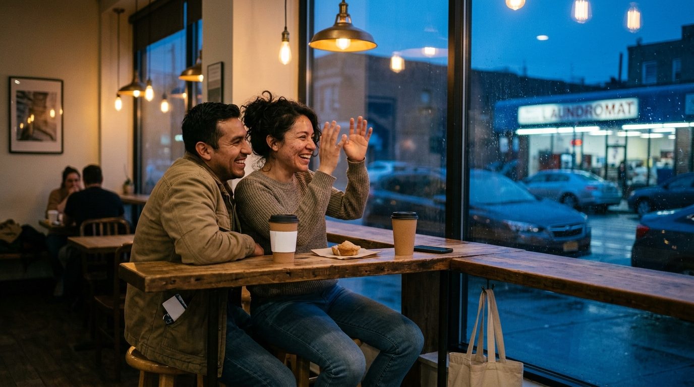 Dos personas de unos treinta años conversan en la barra de un café pequeño en una ciudad de Estados Unidos, una habla con las manos y la otra escucha con el teléfono boca abajo