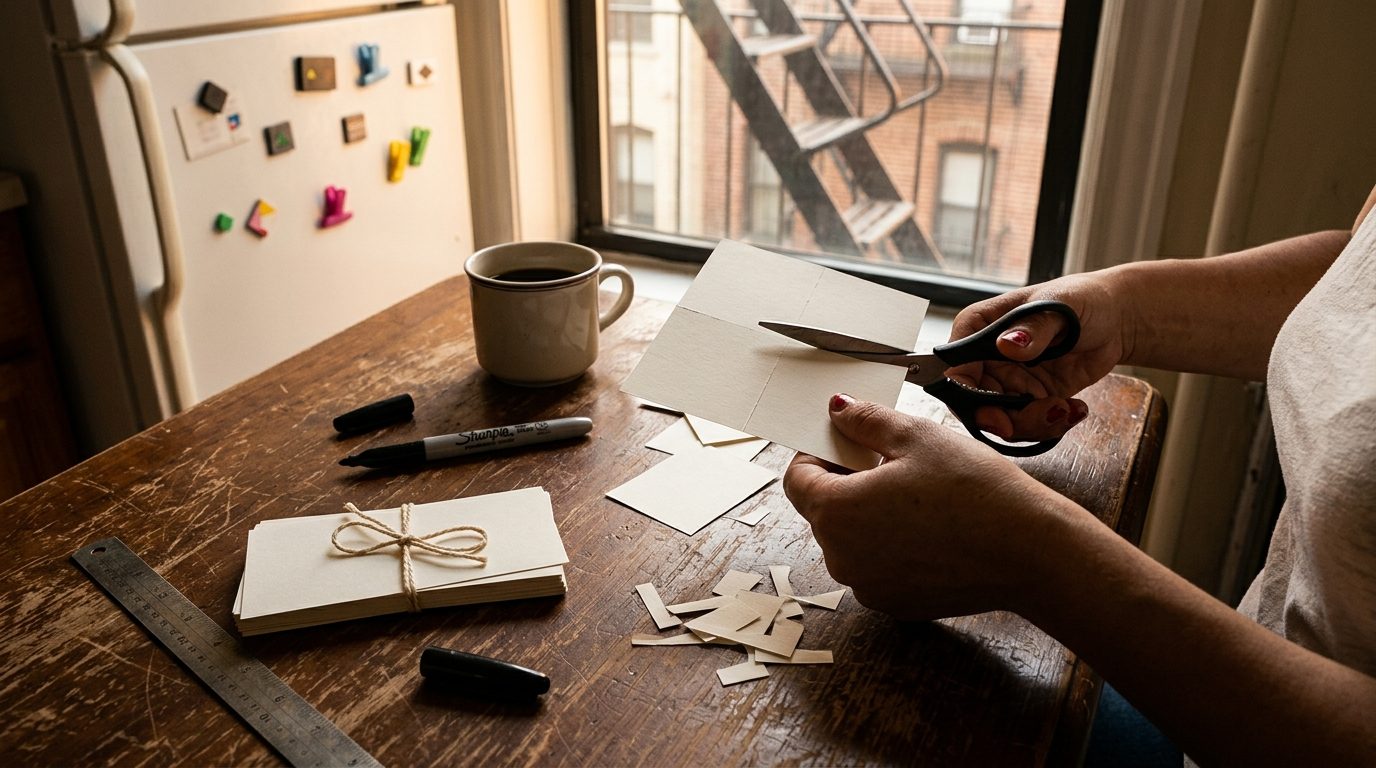Manos recortando pequeños vales de papel sobre una mesa de cocina y atando con cordel el bloque ya terminado