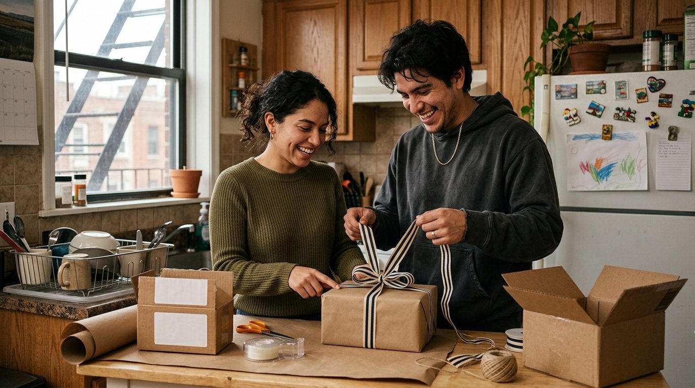 Pareja joven envolviendo un regalo en la cocina de un apartamento, con papel kraft, cinta y una caja de envío sobre el mesón