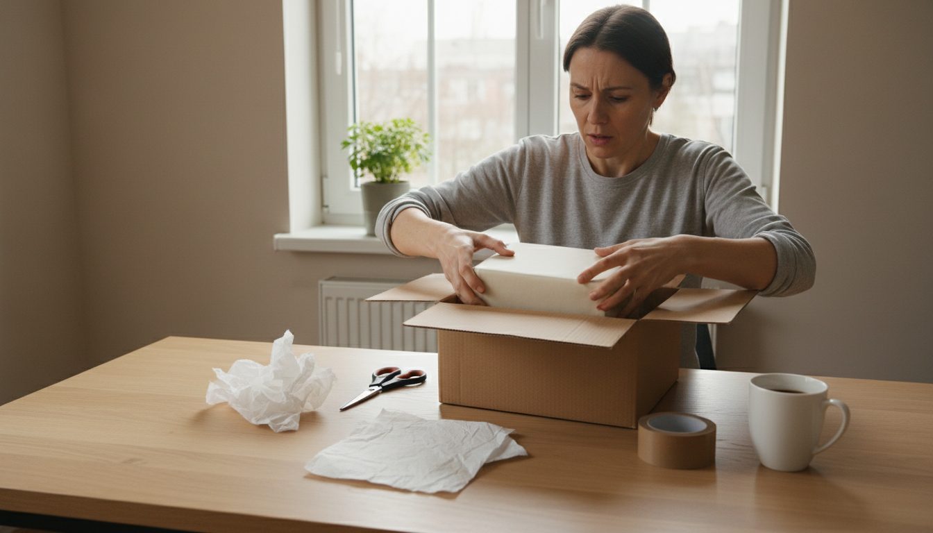 Persona sentada a la mesa de la cocina acomodando con cuidado una caja de regalo envuelta dentro de un cartón de envío, con cinta, tijeras y papel de seda al lado
