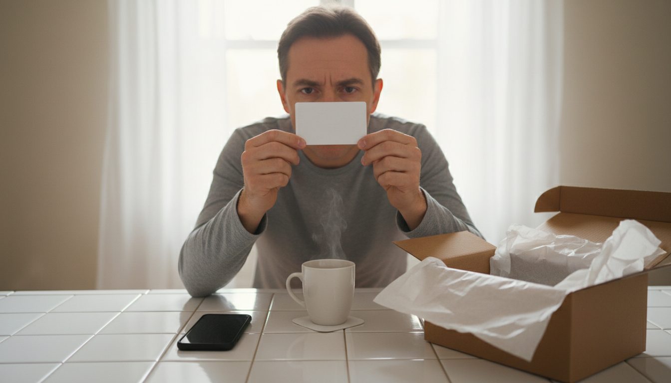 Persona de pie en la cocina leyendo de cerca una tarjeta de vale de regalo, con una caja de envío abierta y una taza de café sobre el mesón
